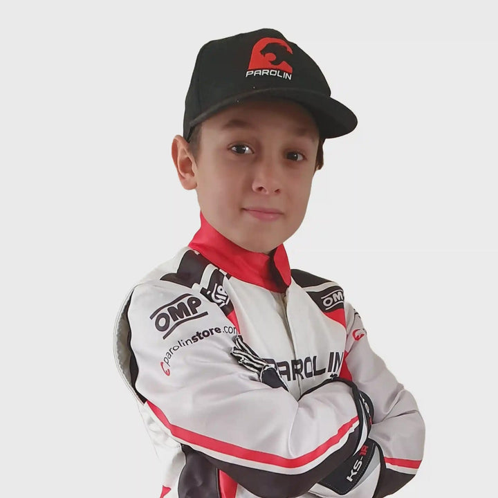 2021 Parolin inspired Deep Wine Red and White professional kart racing suit - Racers Factory half