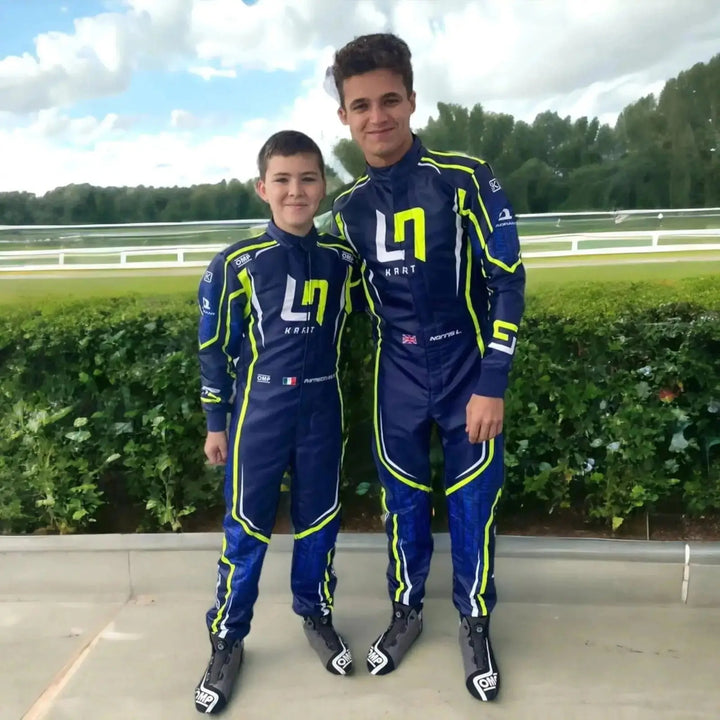 2022 LN Kart inspired Fluorescent Yellow and Navy Blue professional kart racing suit - Racers Factory