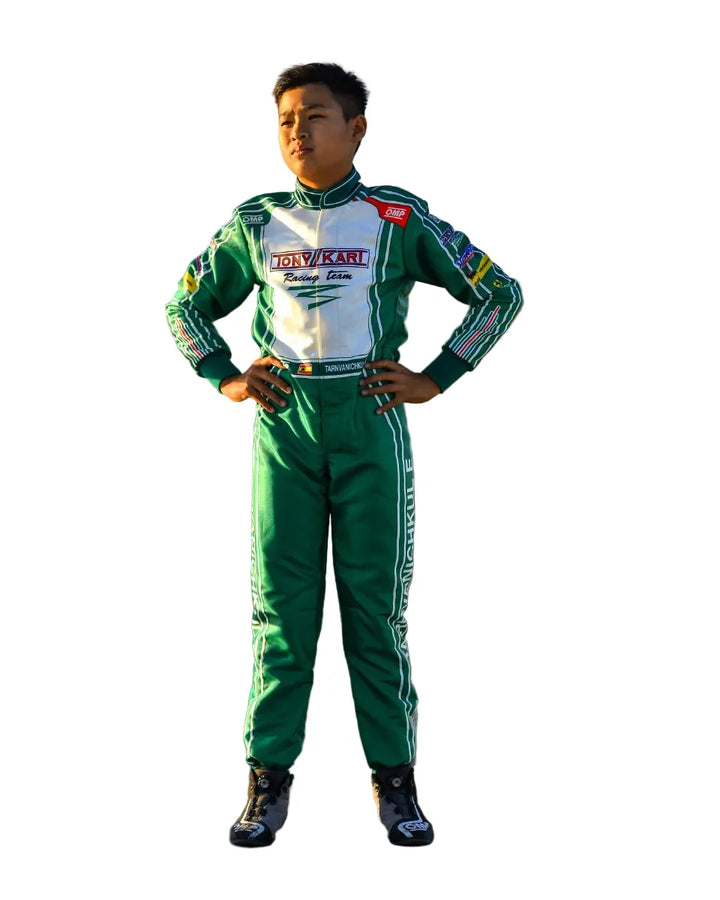 2023 Tony Kart inspired Green and White professional kart racing suit - Racers Factory