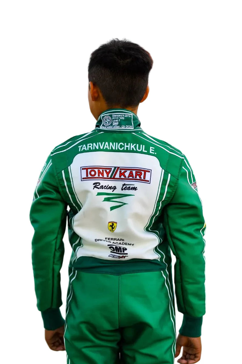 2023 Tony Kart inspired Green and White professional kart racing suit - Racers Factory back