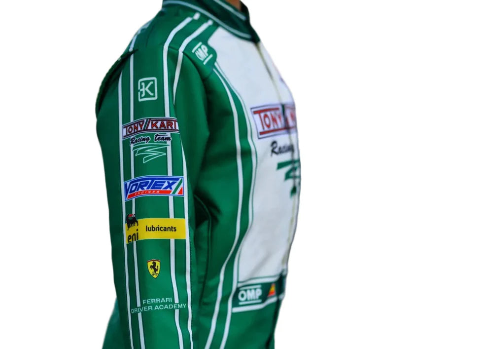 2023 Tony Kart inspired Green and White professional kart racing suit - Racers Factory side