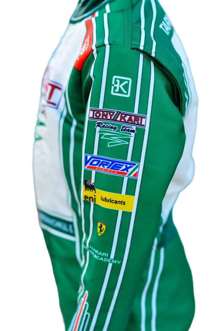 2023 Tony Kart inspired Green and White professional kart racing suit - side Racers Factory 