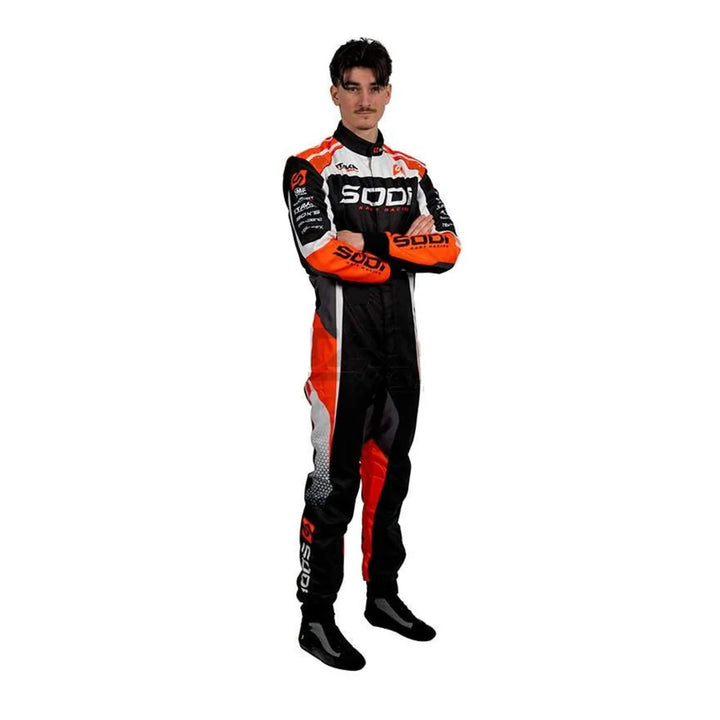 2025 Sodi Kart inspired Orange and Black professional factory kart racing suit - Racers Factory