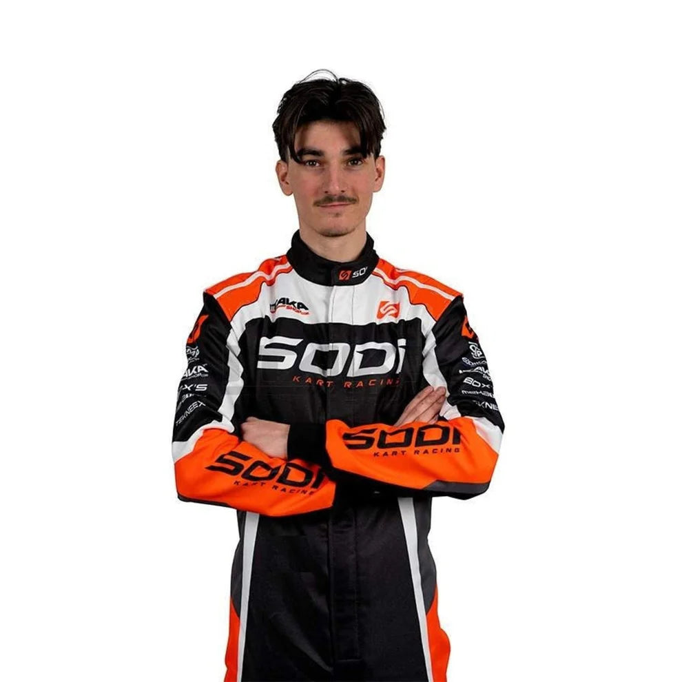 2025 Sodi Kart inspired Orange and Black professional factory kart racing suit - Racers Factory half