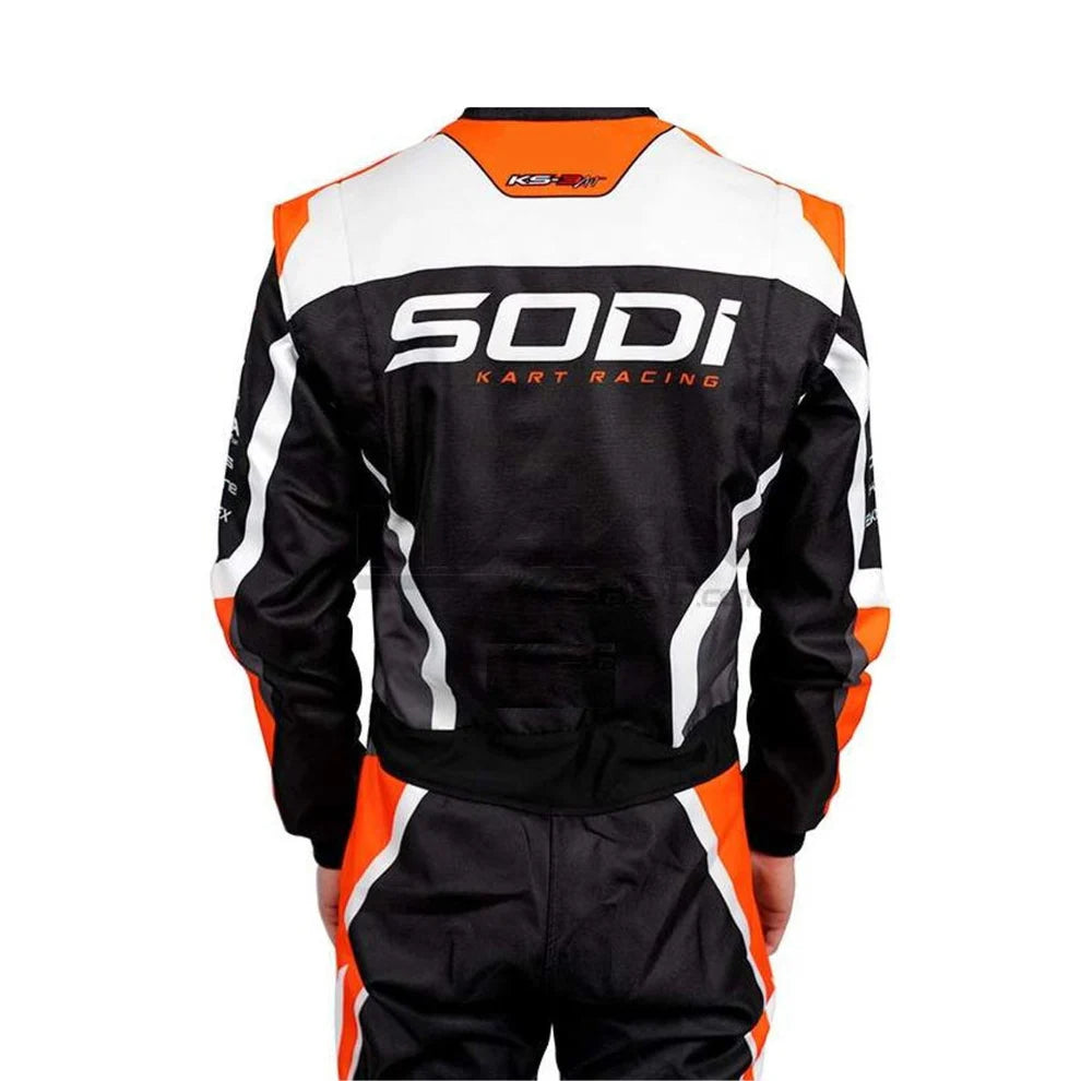 2025 Sodi Kart inspired Orange and Black professional factory kart racing suit - Racers Factory back half