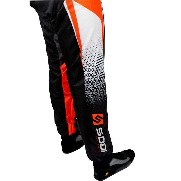 2025 Sodi Kart inspired Orange and Black professional factory kart racing suit - Racers Factory legs