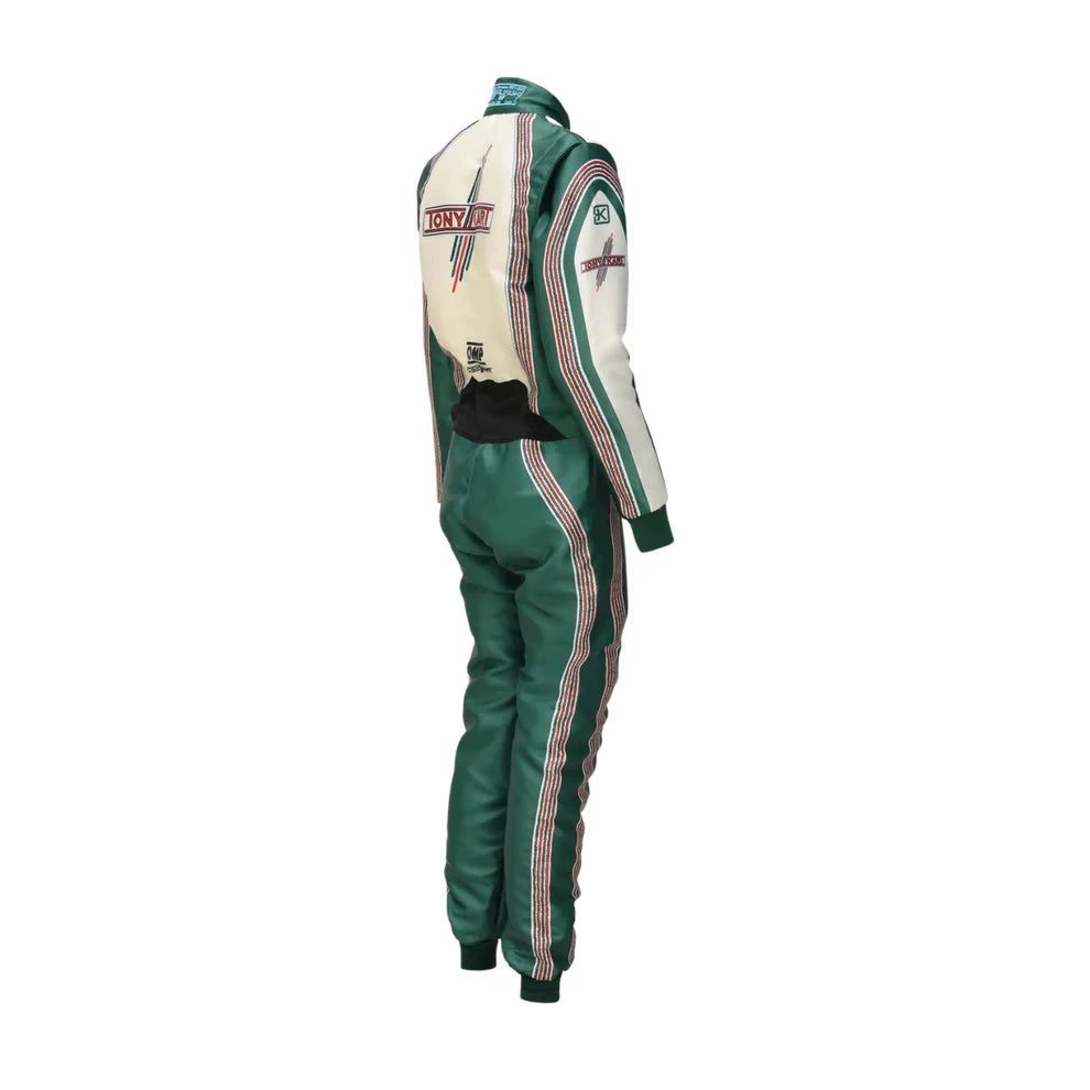 2025 Tony Kart inspired Green and White professional kart racing suit - Racers Factory back side