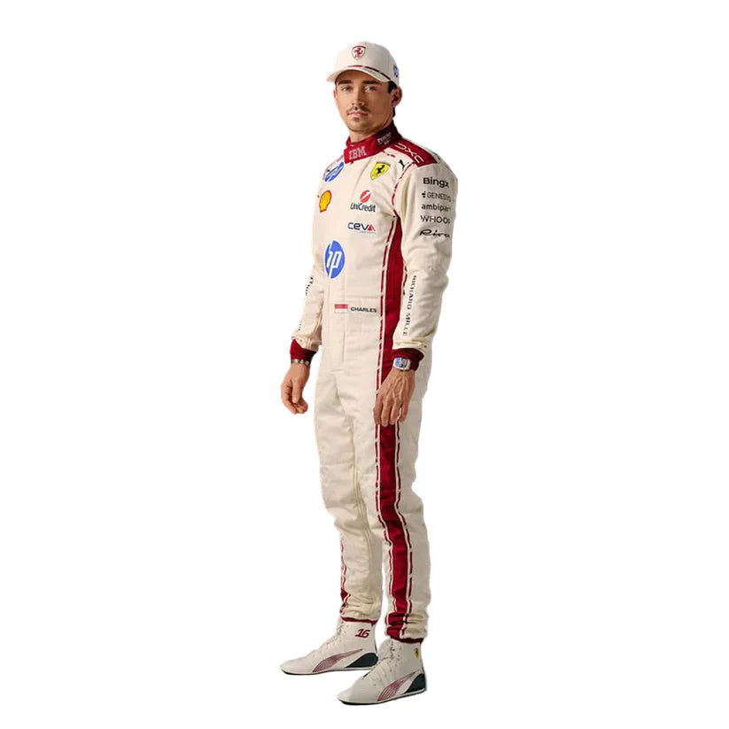 2026 Charles Leclerc Monaco GP replica Pristine White and Crimson Red professional kart racing suit - Racers Factory