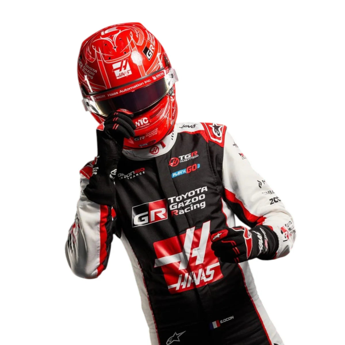2026 Esteban Ocon replica MoneyGram Haas F1 Team Stealth Black and White professional kart racing suit - Racers Factory
