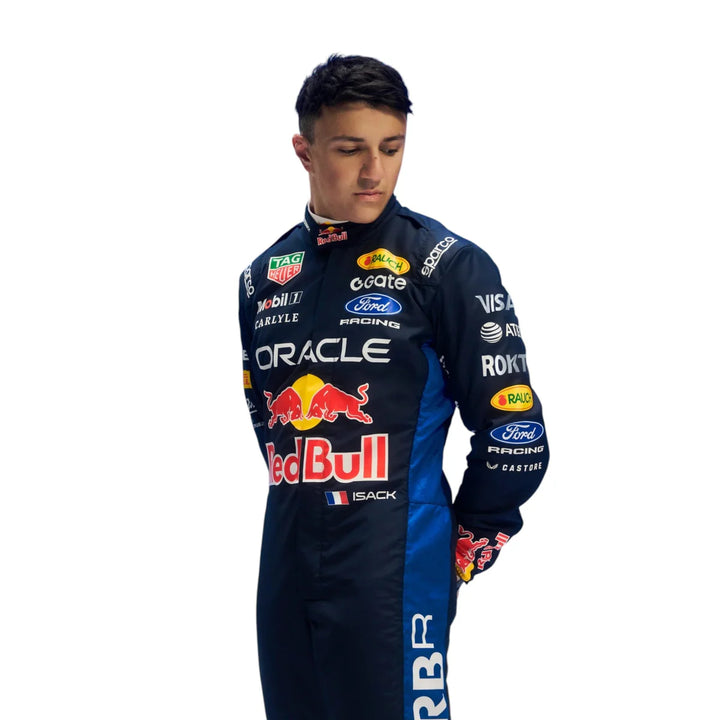 2026 Red Bull Racing Isack Hadjar replica Navy Blue and Yellow professional kart racing suit - Racers Factory half side