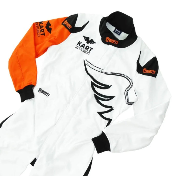 Kart Republic inspired Asymmetric Orange Arm professional kart racing suit - Racers Factory half