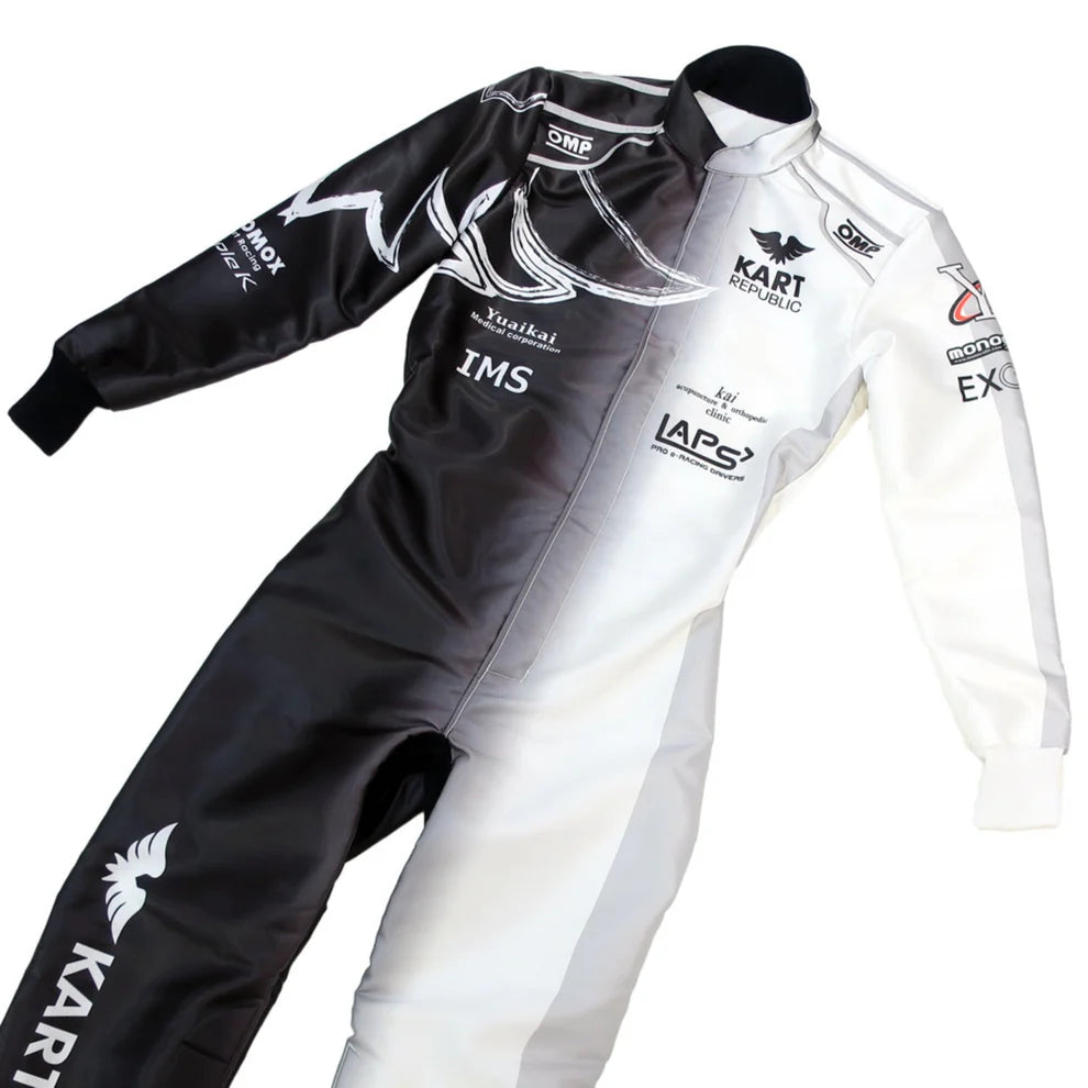 Kart Republic inspired Black and White professional monochrome kart racing suit - Racers Factory half