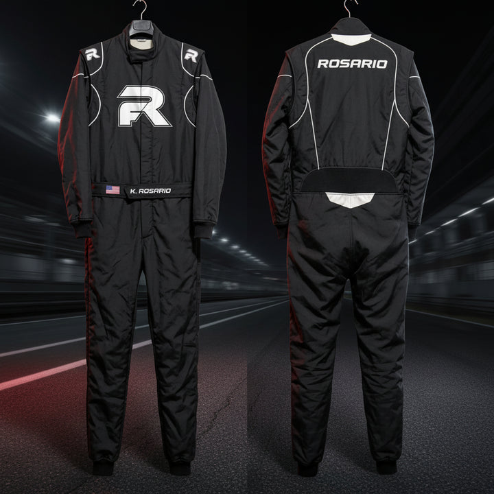 Racers Factory Signature Stealth Black custom kart racing suit with white RF emblem and personalized belt - Racers Factory